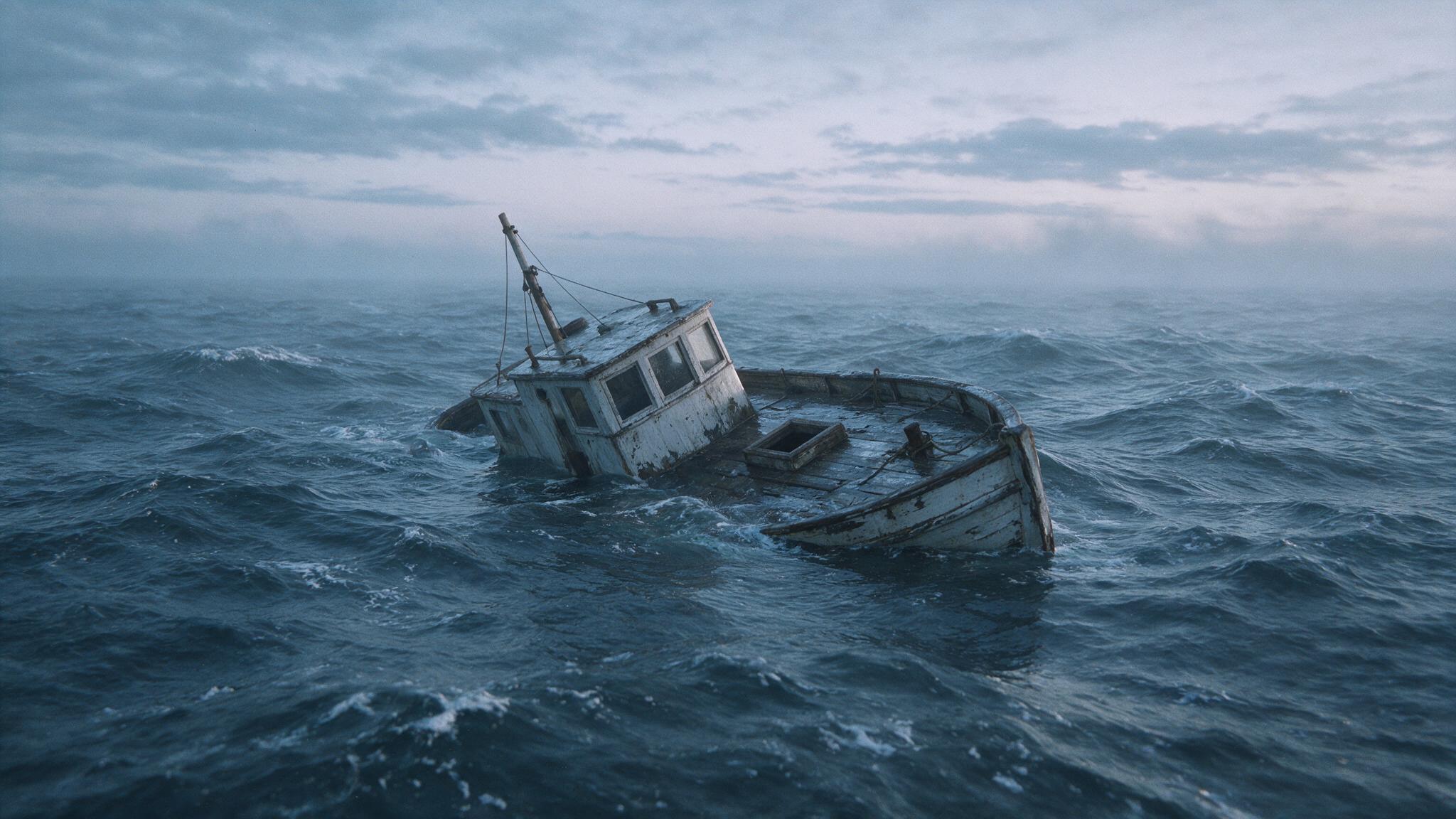 A vast empty grey Pacific horizon at dusk seen from a low waterline, faint mist, no ship and no land in sight