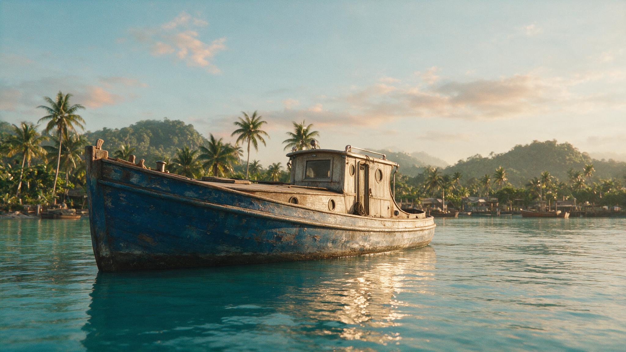 A weathered small motor yacht from the 1930s at anchor in a tropical Pacific harbour, hull low in the water, warm hazy light