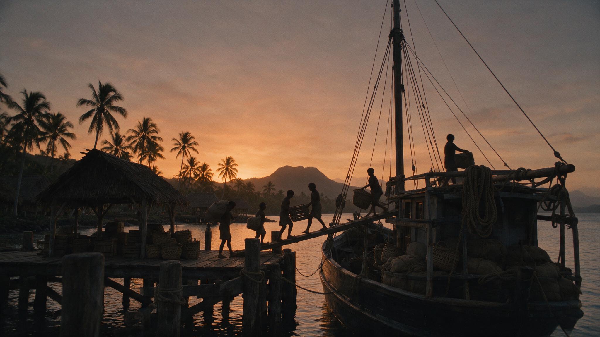 A tropical wharf in Western Samoa in the mid-1950s at dusk, silhouettes of people carrying bundles up a gangway onto a small ship, faces not visible