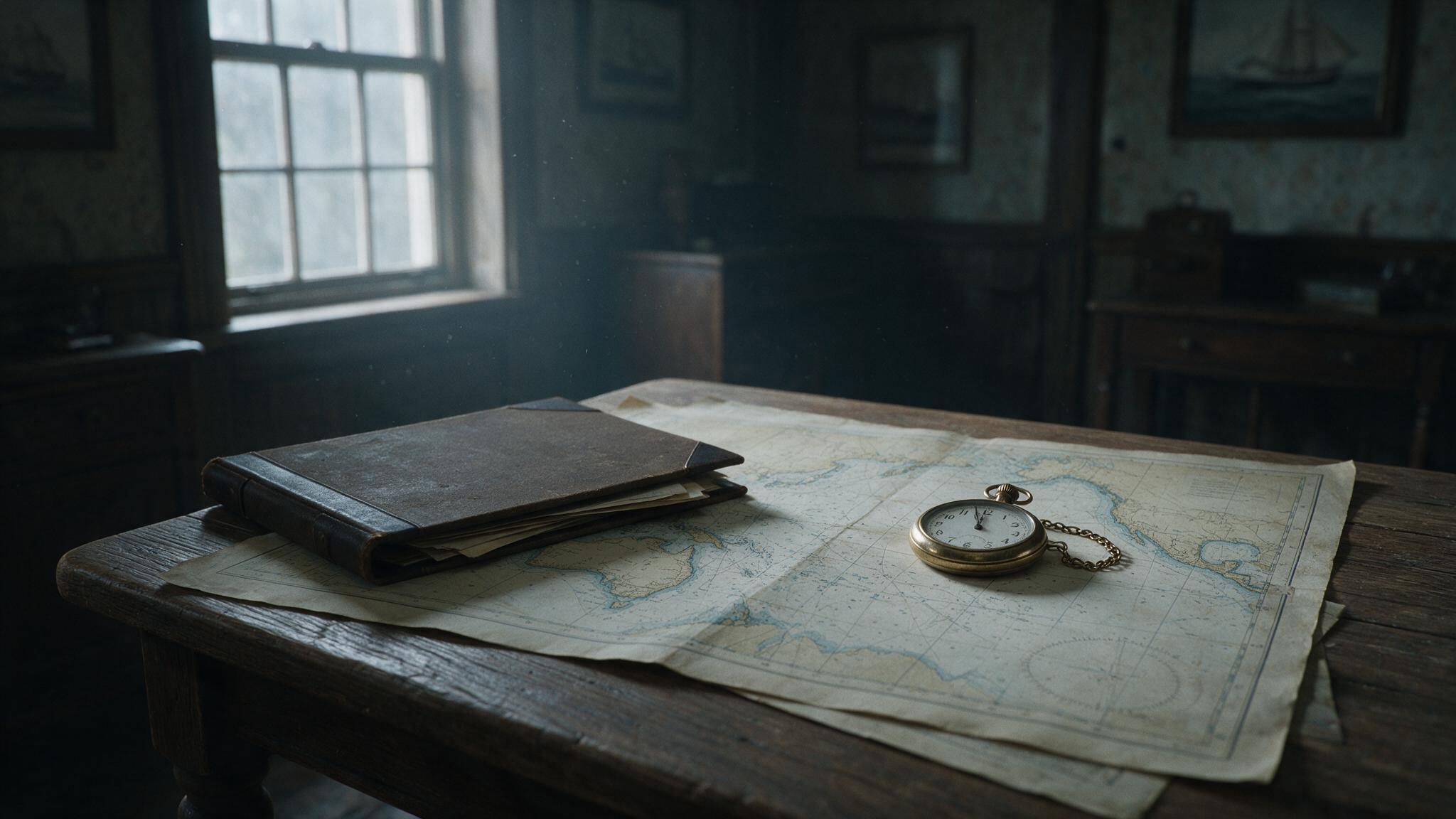 A dim room with an old case file and a nautical chart of the South Pacific spread on a table, a stopped pocket watch resting on the papers, 1950s atmosphere