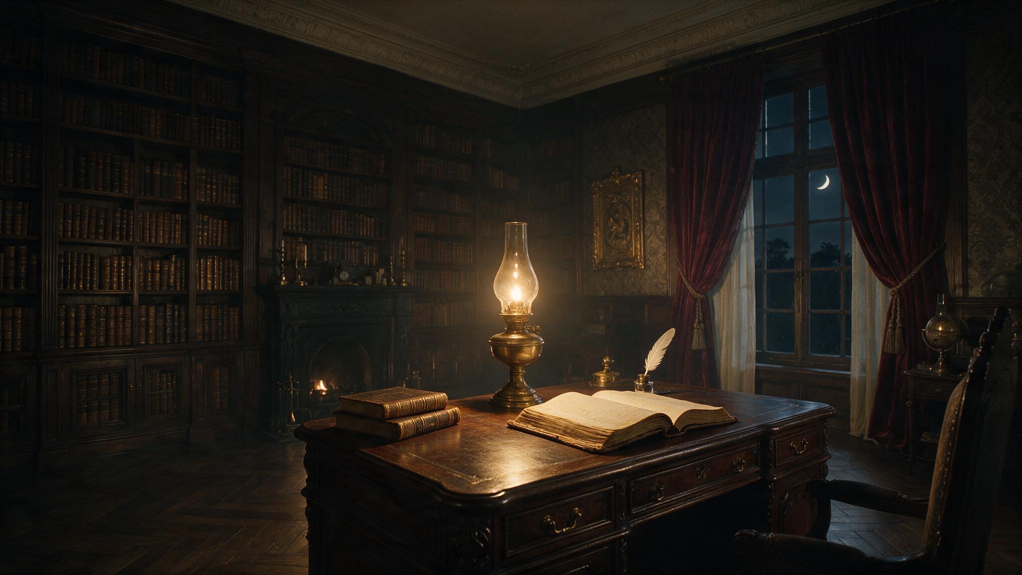 A grand but dimly lit 19th-century study with tall bookshelves, an oil lamp, an antique writing desk with an open ledger, no people, photorealistic