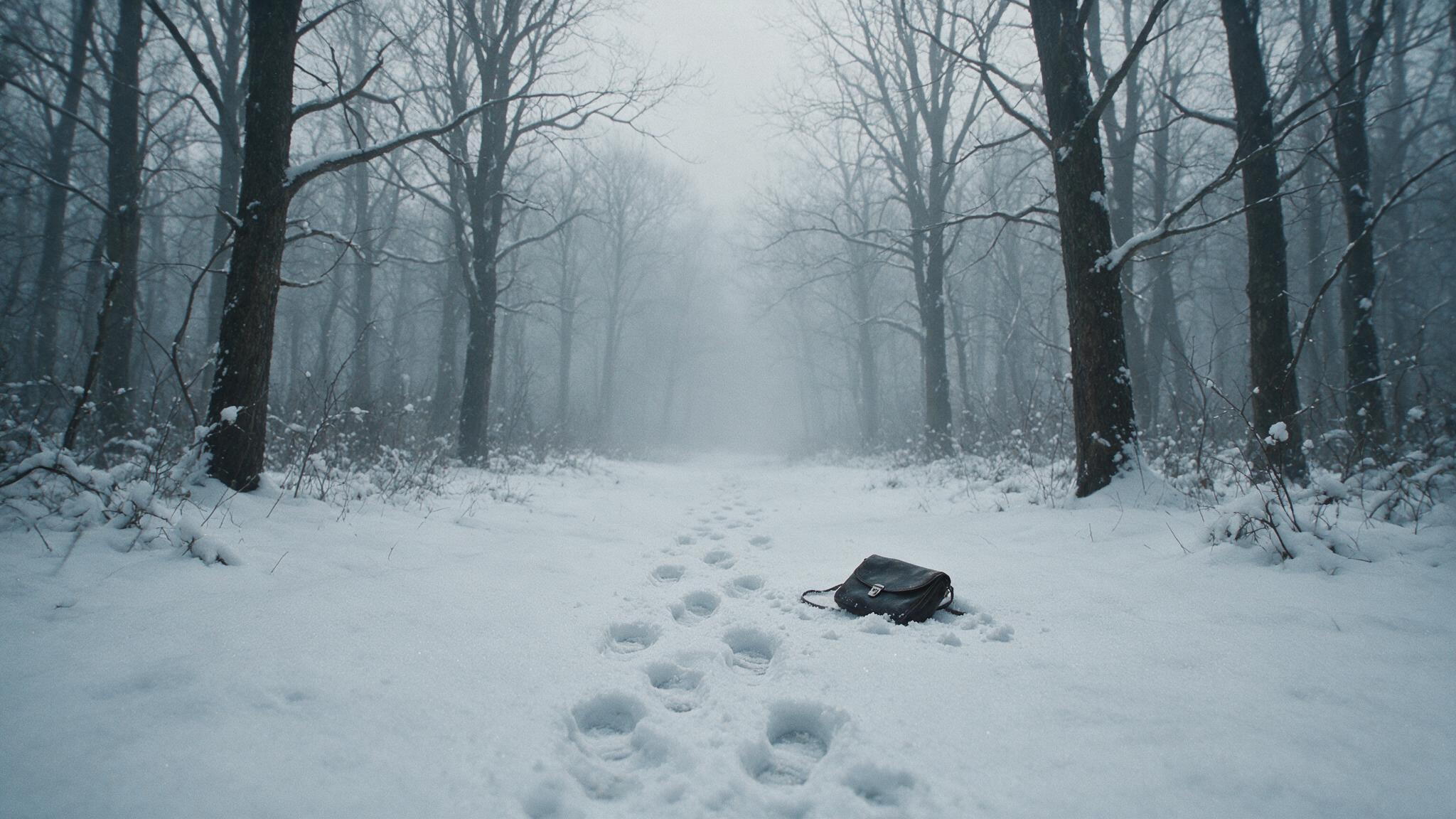 A single set of footprints in fresh snow leading away between bare trees into fog, a small dark purse lying on the ground, cold winter light, no people, photorealistic
