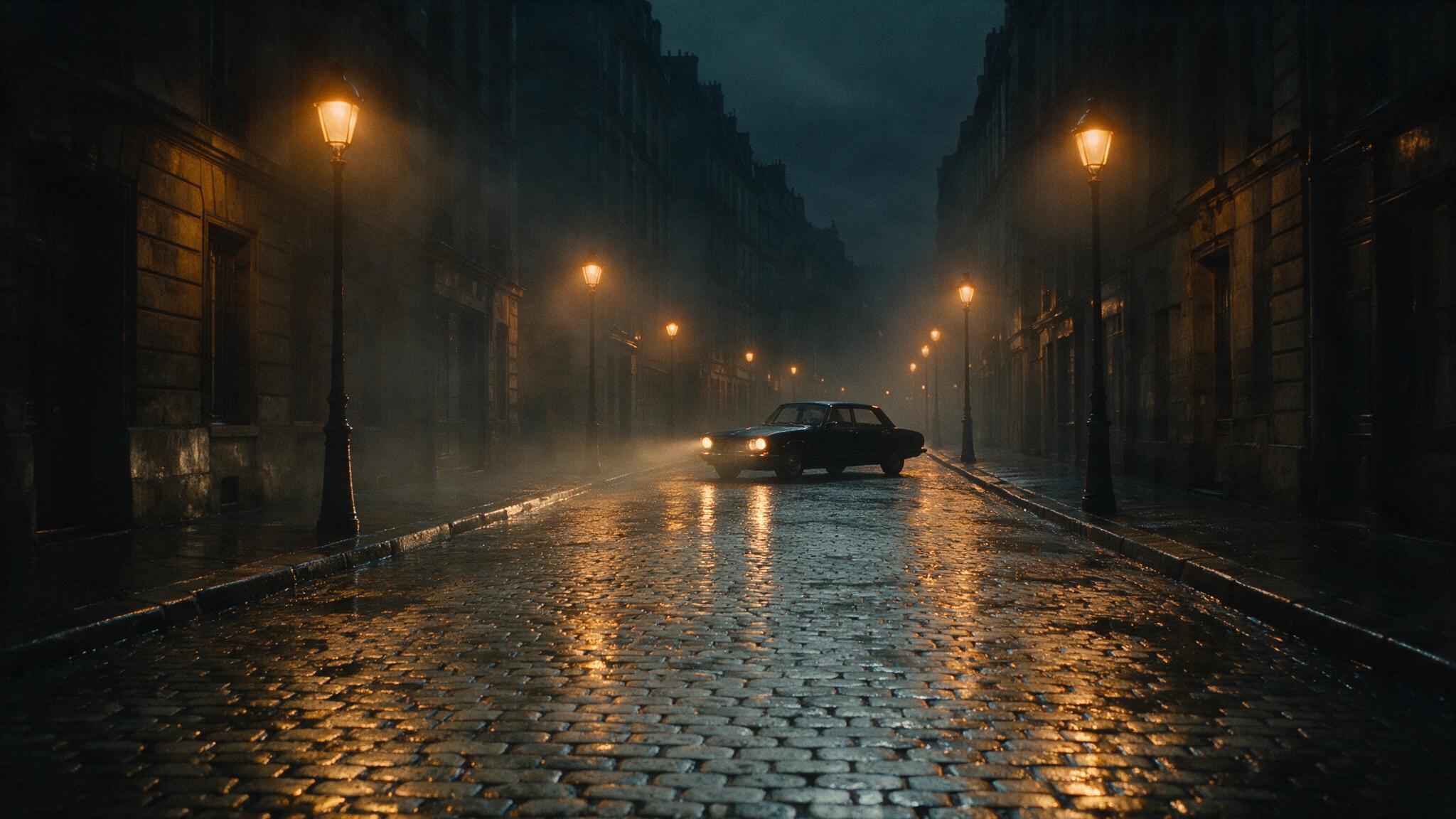 A 1970s Paris street at night, rain-slick cobblestones under sodium lamps, a lone black sedan idling in fog, no people visible