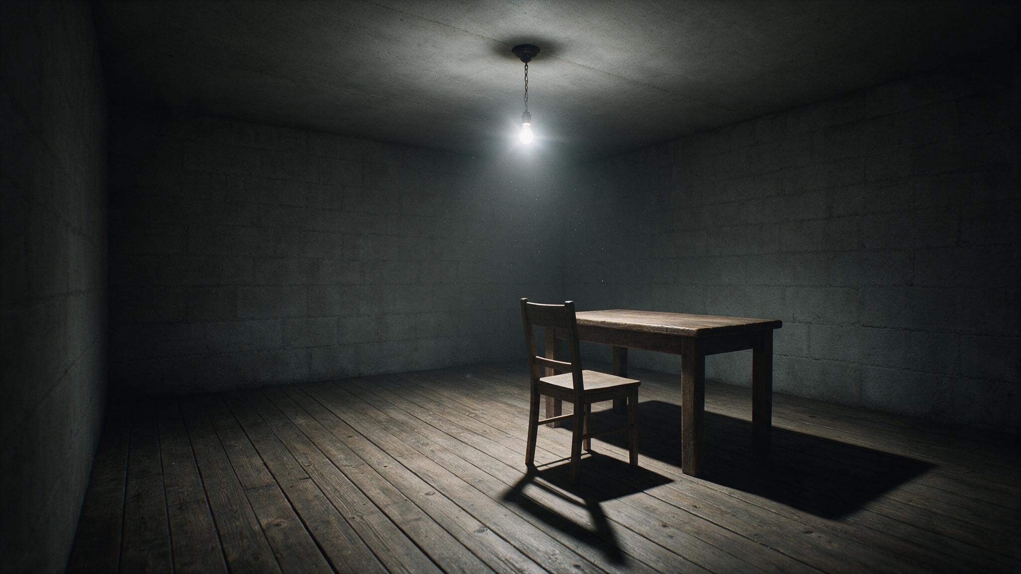 A dark 1960s-70s room lit by a single hanging bulb, a bare table and an overturned wooden chair casting long shadows, cold and empty, no people, no blood, no faces