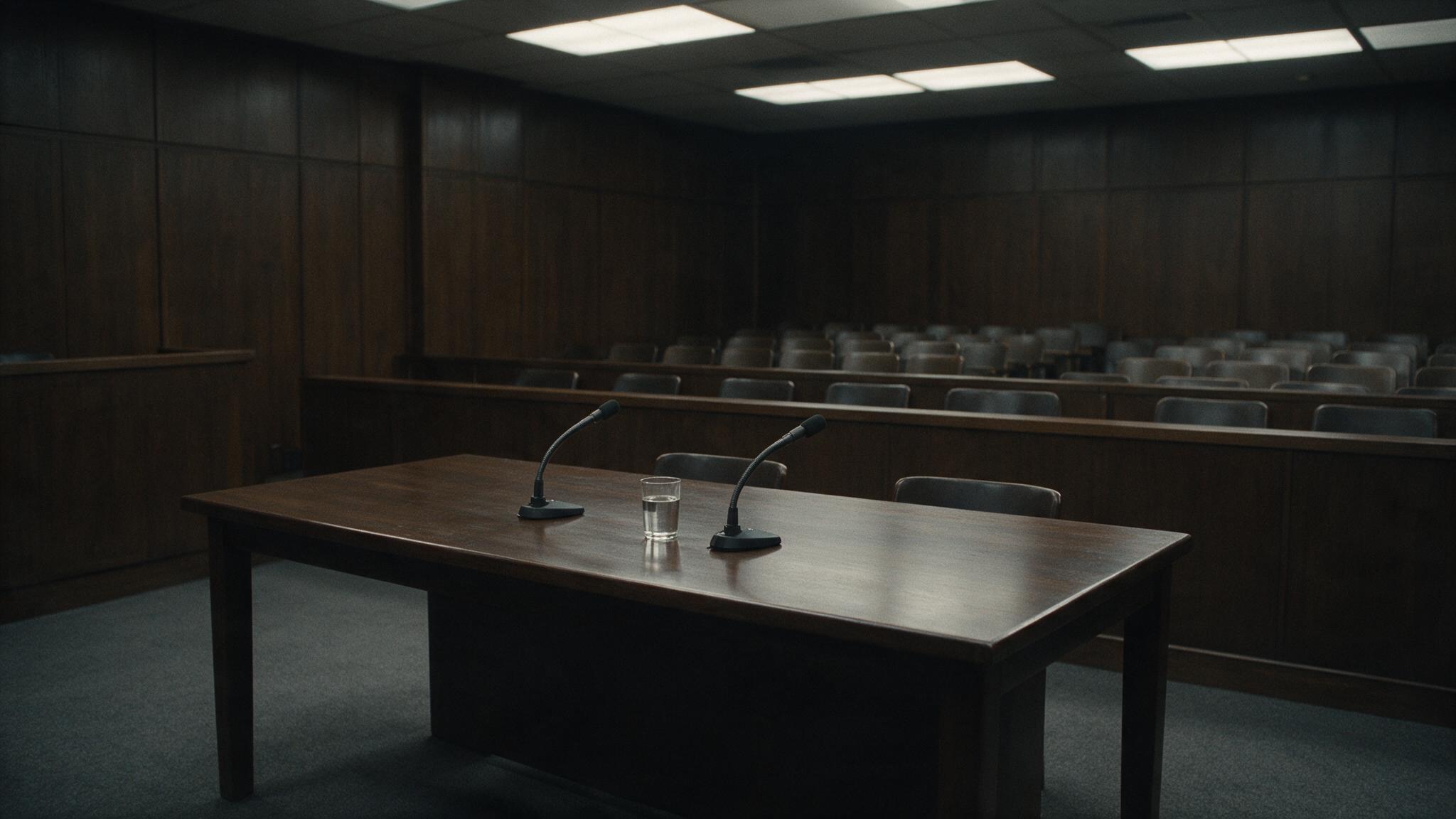 An empty witness table in a 1970s congressional-style hearing room, microphones and water glass, wood panelling, no people, no legible signage