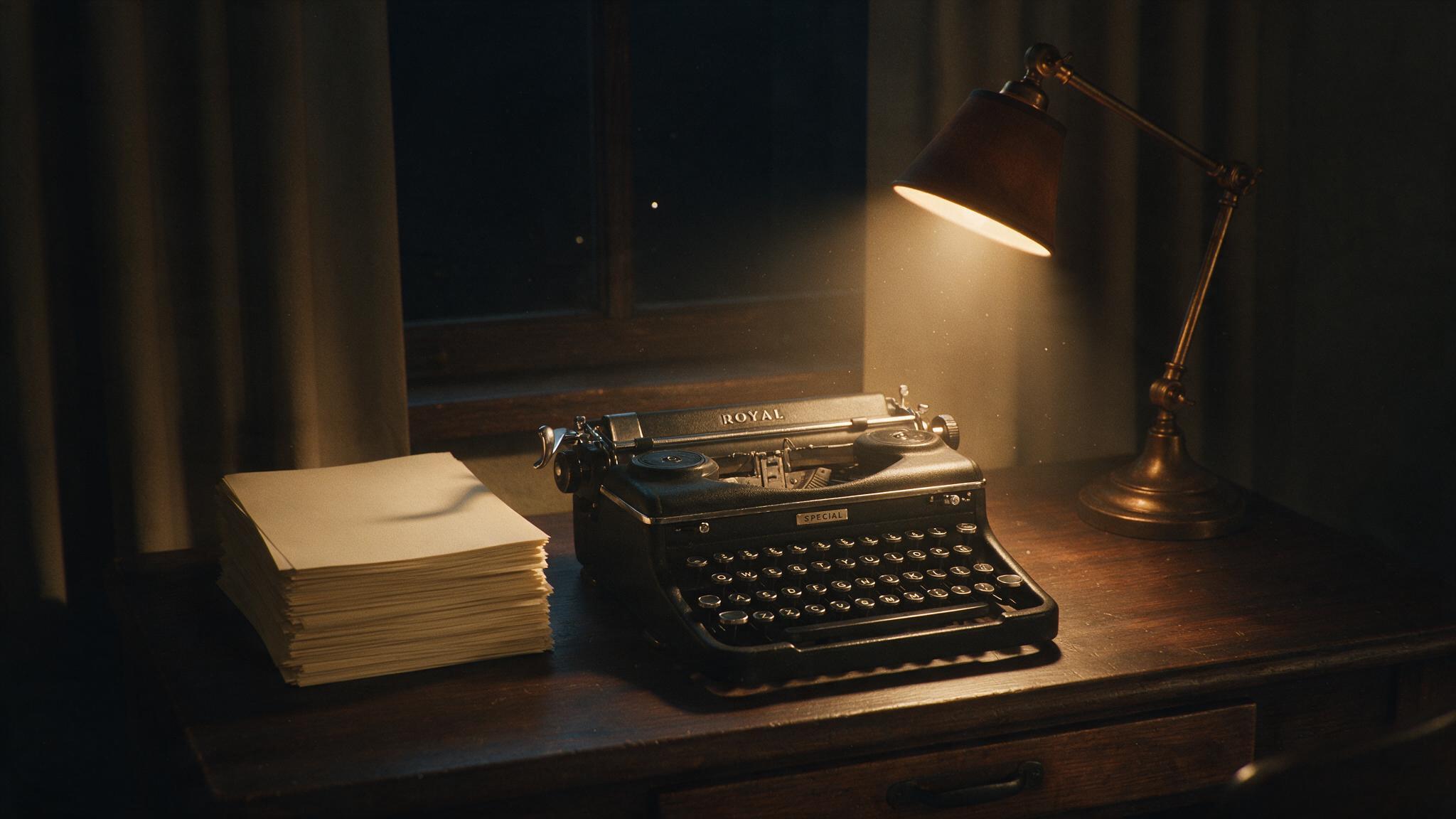 A vintage typewriter on a desk beside a stack of blank manuscript pages, warm lamplight, a half-drawn curtain, no text visible on the paper, no people