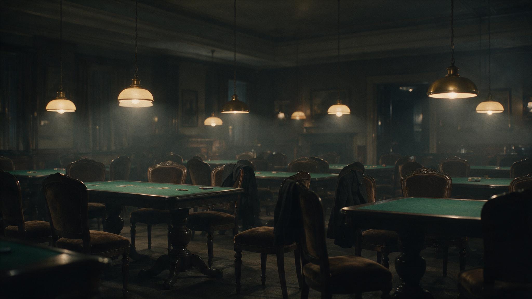 The dim interior of a 1970s European private club at night, green baize gaming tables under low warm light, empty chairs, cigarette haze, no people, no legible text