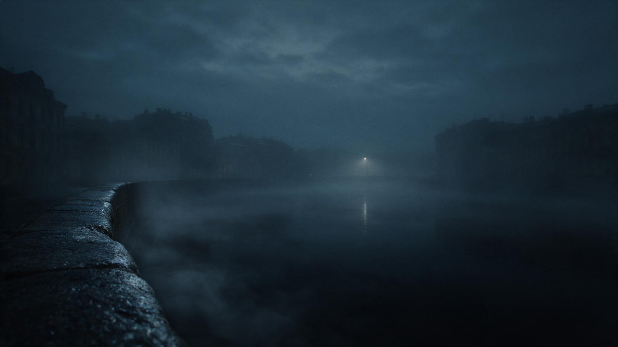 A misty river at night in a European city, a stone embankment and a single distant streetlight reflected on black water, empty and silent, no people, no legible signage