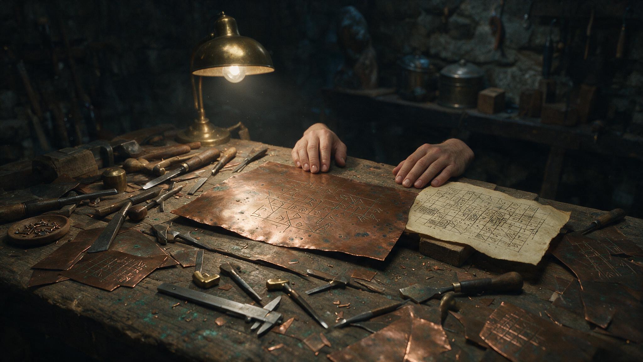 Silhouette of a sculptor's hands over a workbench with copper sheeting, engraving tools and a cipher chart, dim warm light, face not visible, photorealistic
