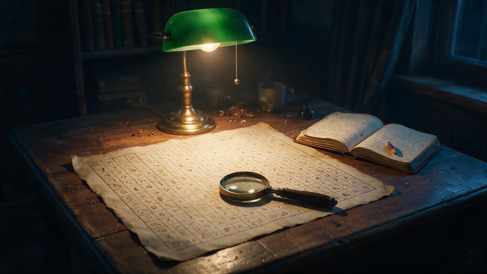 An old Vigenère cipher table and a magnifying glass resting on a desk beside a notebook of handwritten letters, no legible words, warm lamplight, photorealistic