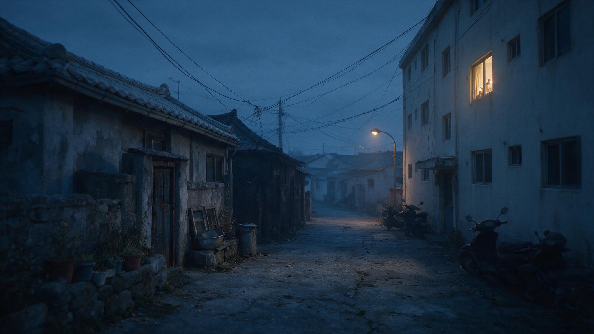 A dark old Korean alley at dawn with a single lit studio-apartment window, quiet and desolate atmosphere