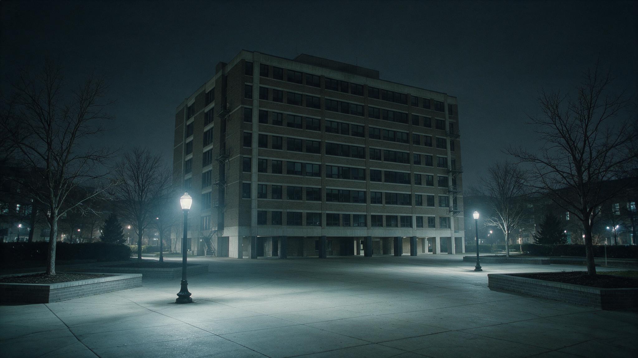 A Korean university campus at night, darkened lecture halls and an empty courtyard lit by street lamps