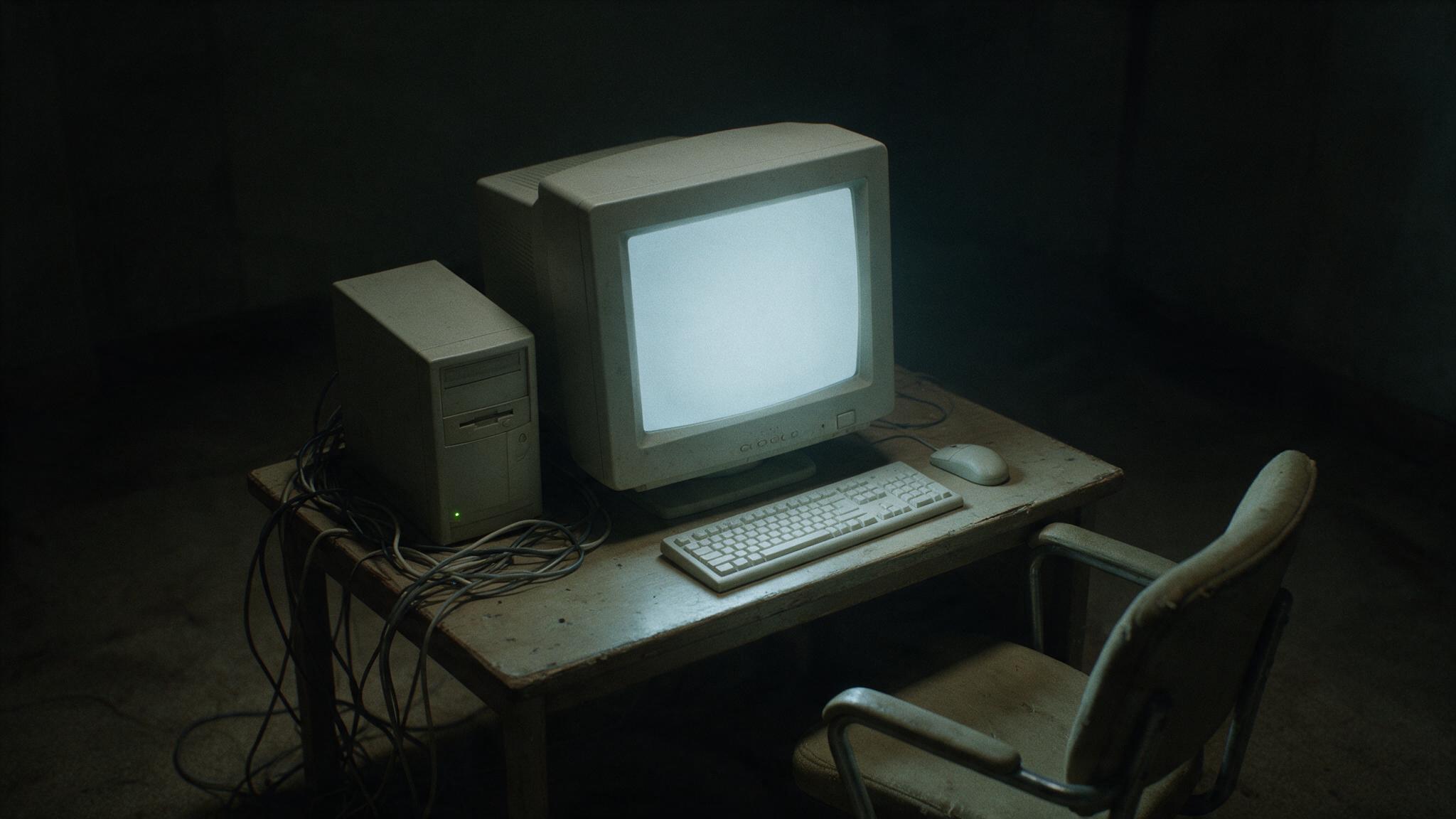 An old desktop computer on an empty desk in a dark room, only the faint glow of the monitor