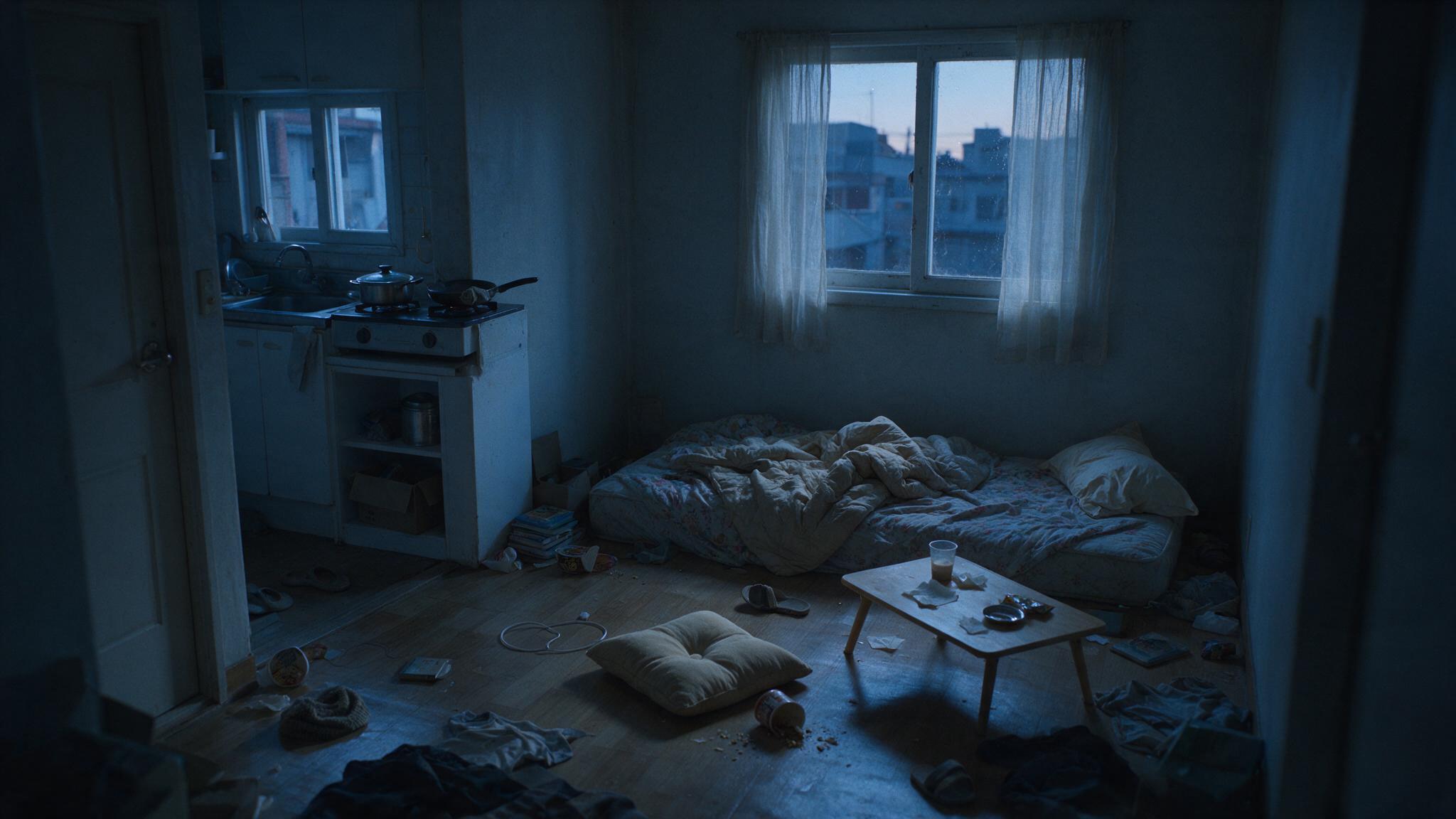 Interior of a cramped Korean studio apartment, disordered household items and an empty bed, dawn light through the window