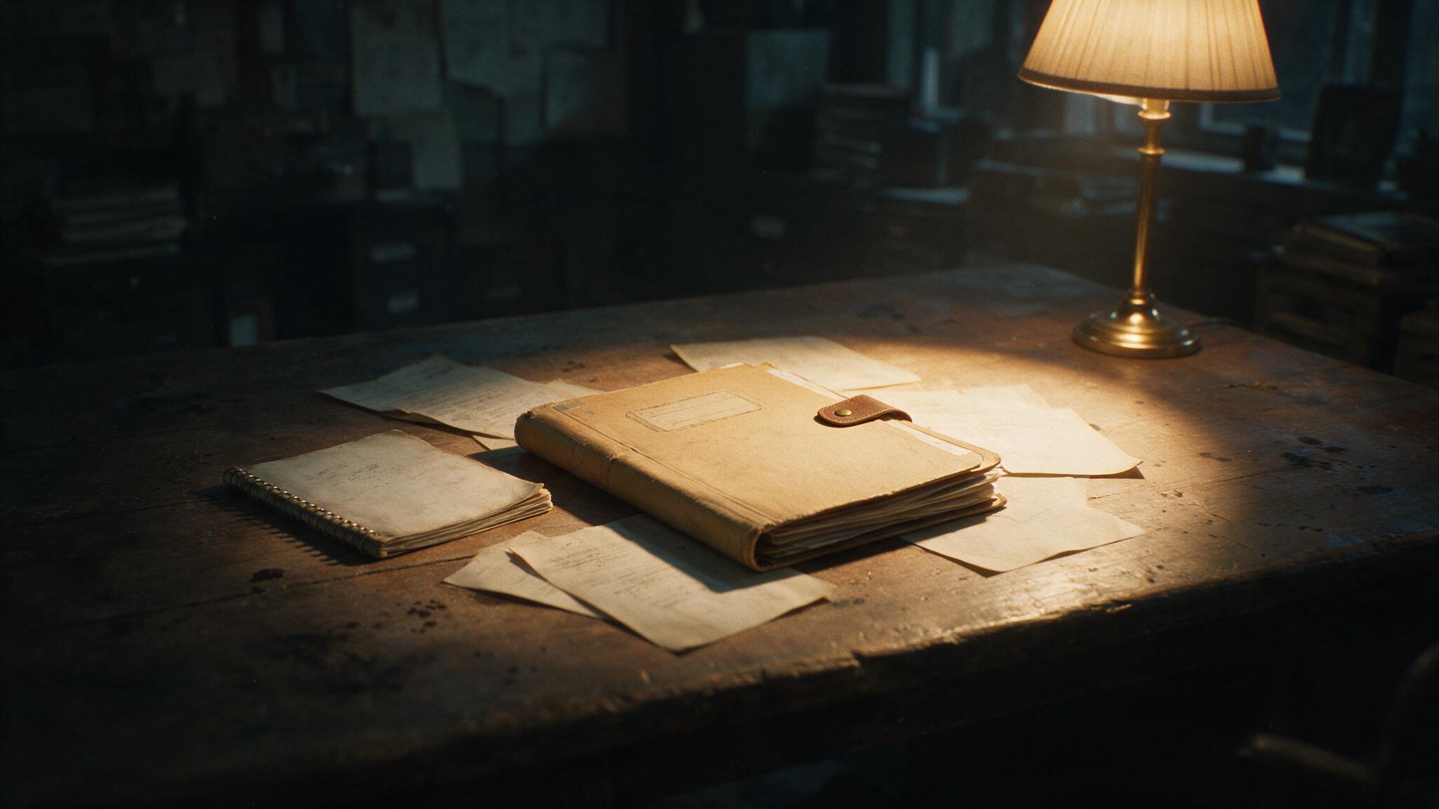 An old case file folder and a faded note, blurred beneath the light of a desk lamp