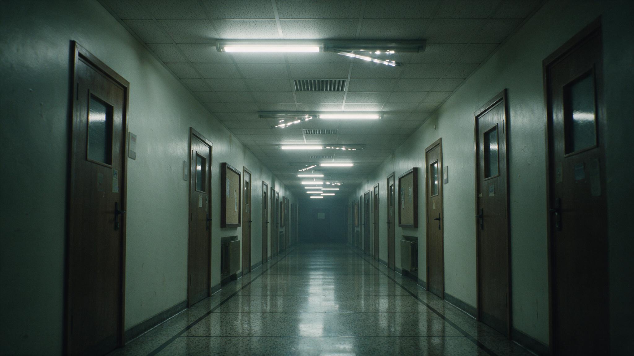 An empty lecture-hall corridor at dawn, long shadows and a receding line of fluorescent lights