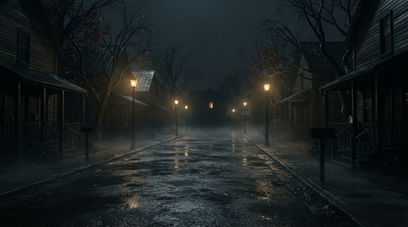 A deserted small-town American street at night in 1944, dim streetlamps and modest clapboard houses