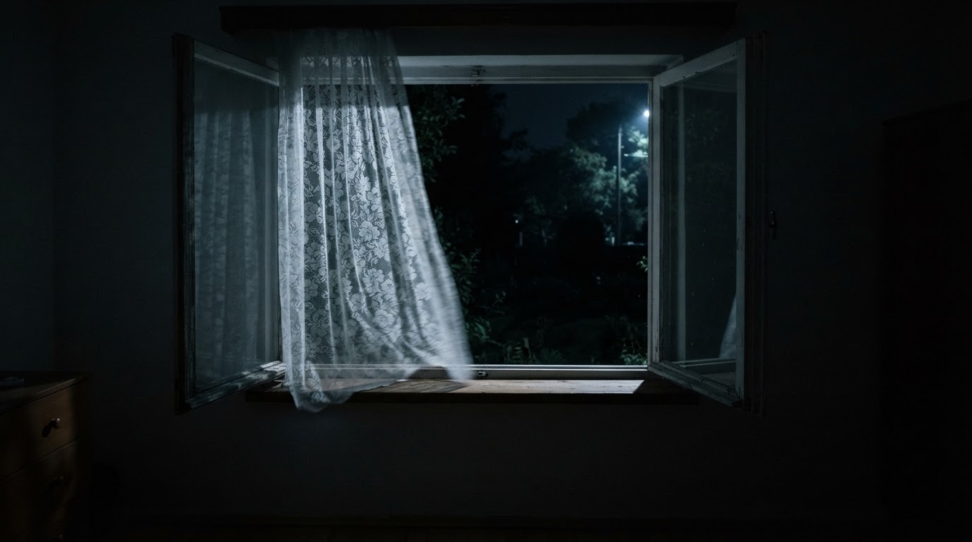 An open bedroom window at night with a thin curtain stirring in the dark