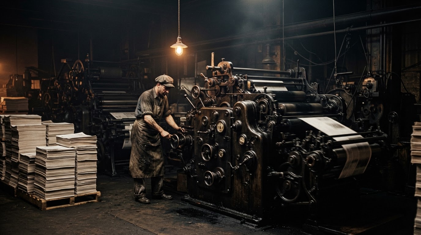 A vintage 1940s newspaper press room, machinery and stacked papers, moody low light, no readable text