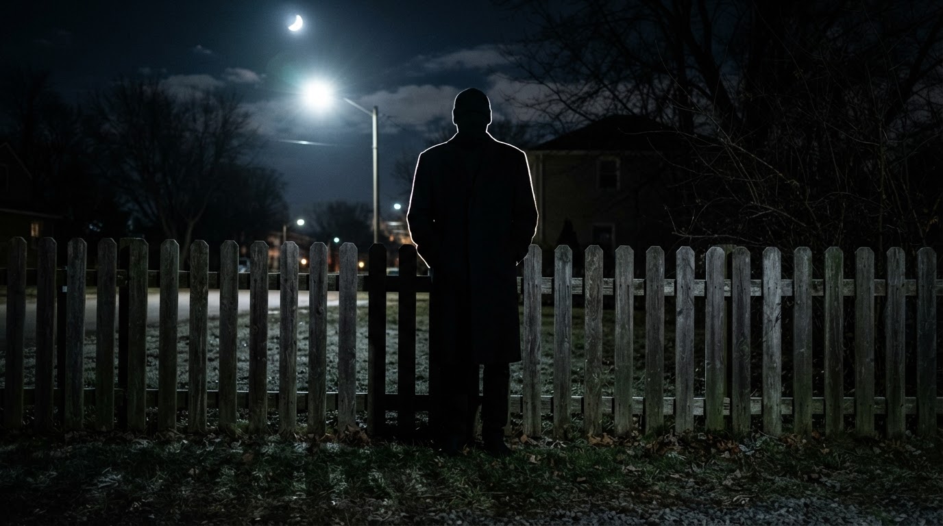 A dark, unidentifiable figure standing at a wooden fence at night, backlit, face not visible