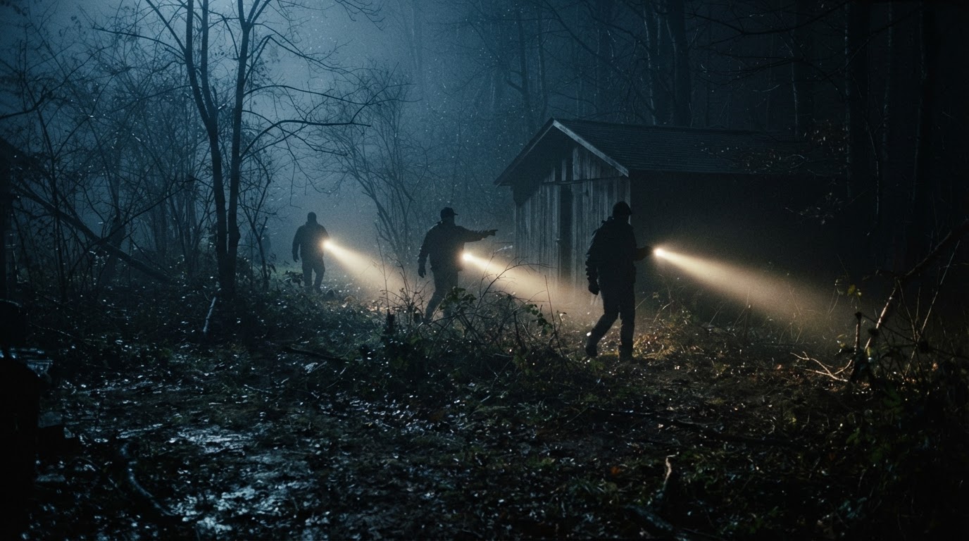 Beams of flashlights crossing a dark backyard at night, silhouettes searching, moody