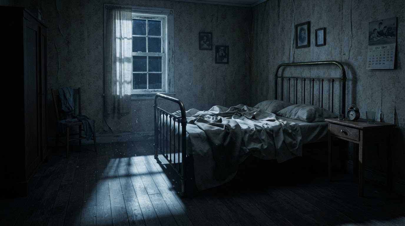 An empty 1940s bedroom at night, moonlight falling across the floor through a window, still and quiet