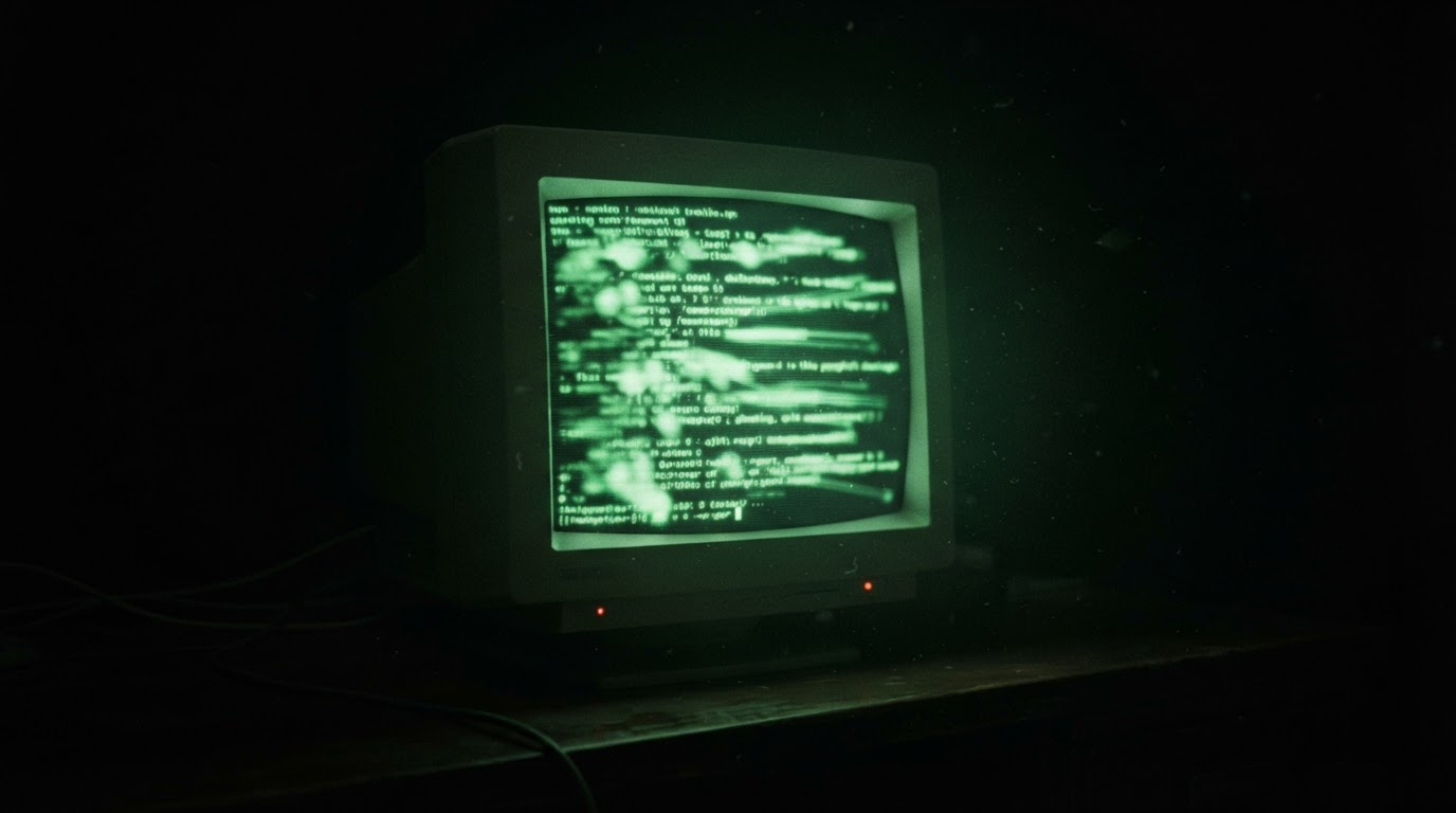 A 1990s CRT monitor glowing with green terminal text, the characters blurred and illegible in the dark