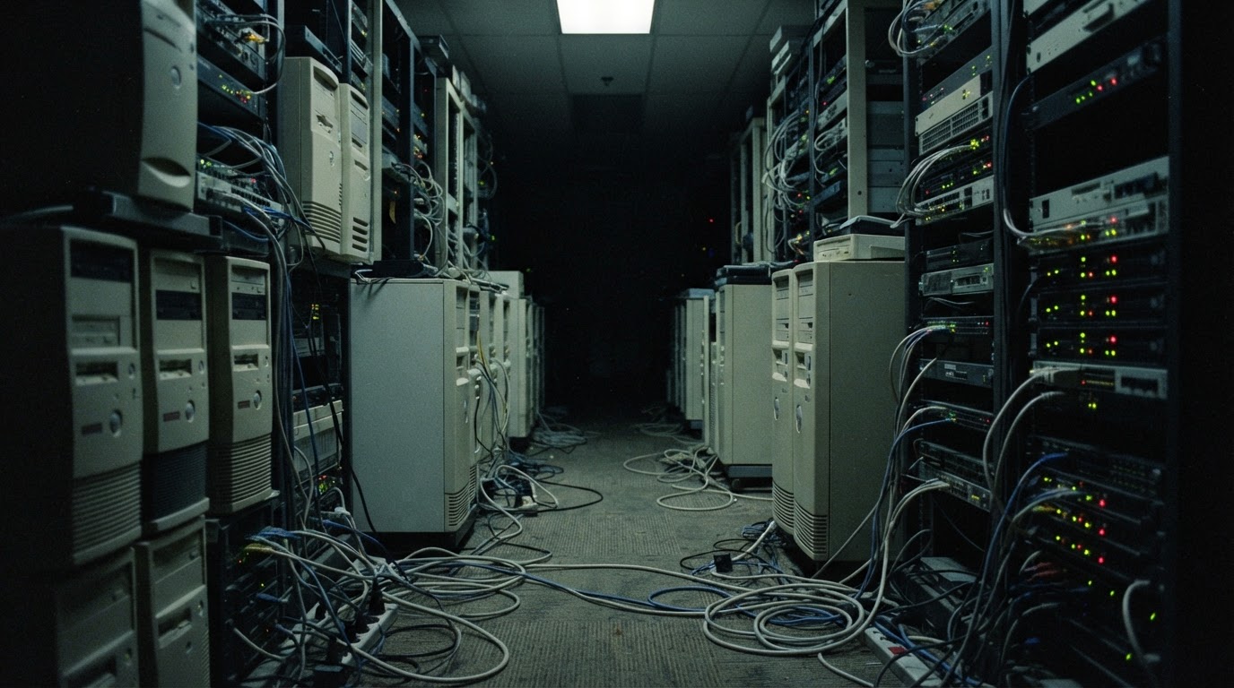 A dim server room of the mid-1990s, rows of beige machines and blinking indicator lights receding into shadow