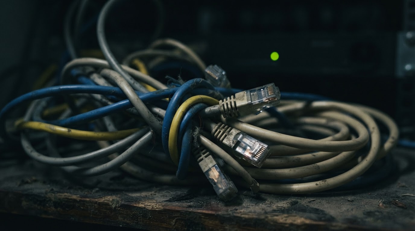 A tangle of ethernet and telephone modem cables coiled together in dim light, connectors catching a faint glow