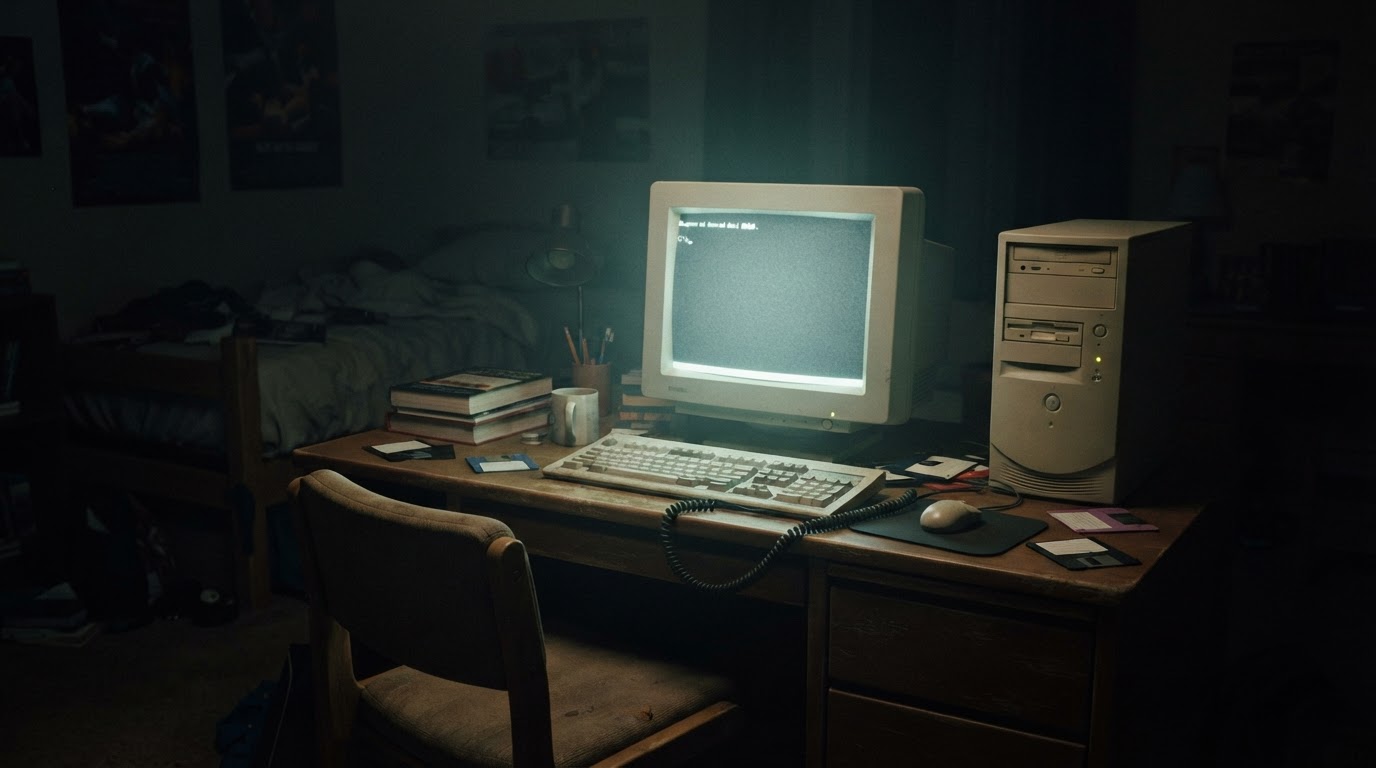 A dark 1990s dorm-room desk with a beige desktop computer, faint monitor glow the only light in the room