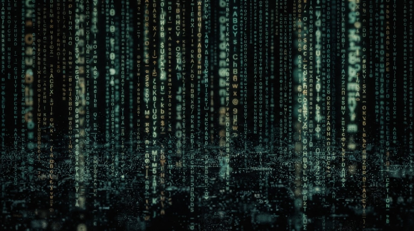 An abstract wall of faint, glowing, unreadable characters dissolving into black static, no legible text anywhere
