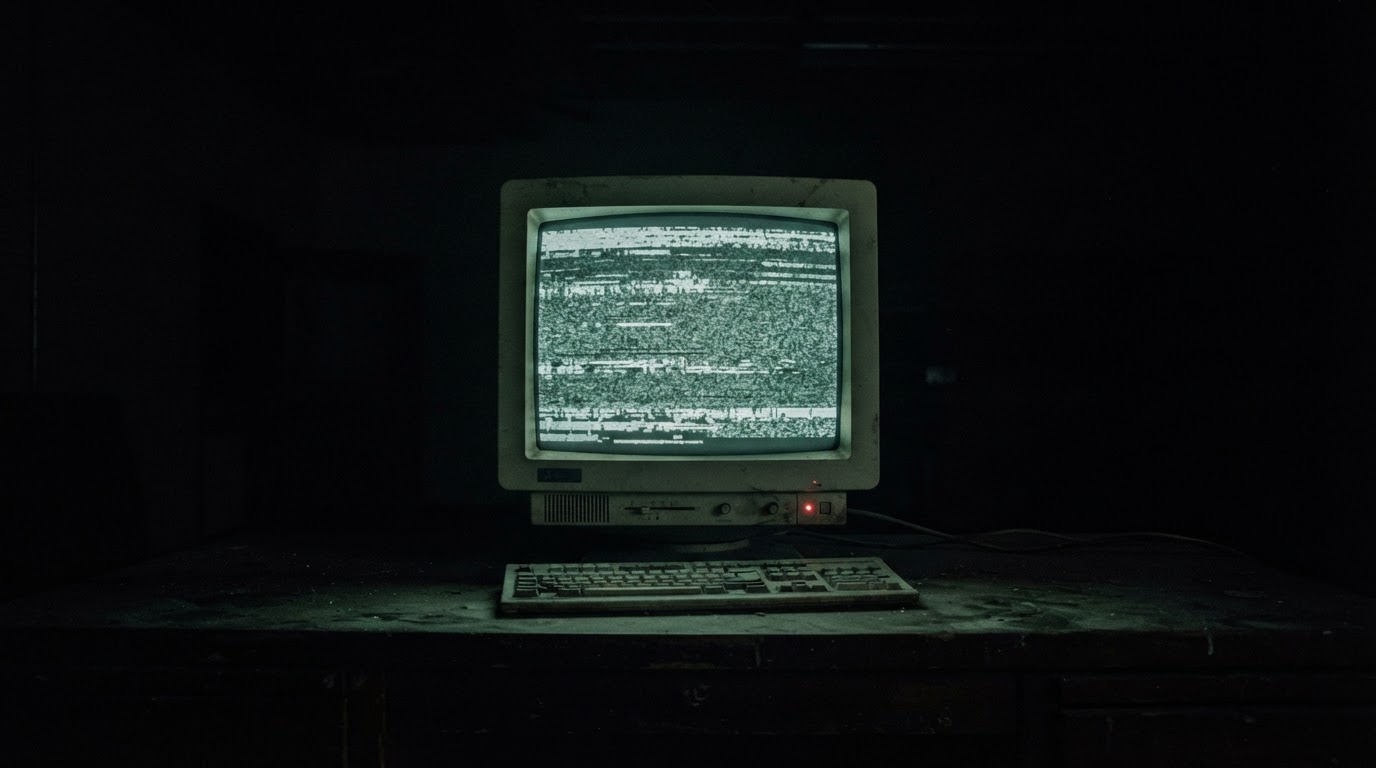A single dim CRT monitor glowing faintly in an empty dark room, its screen full of unreadable static