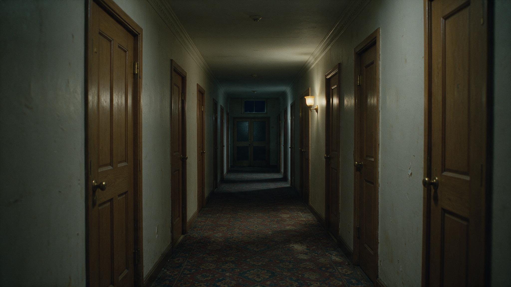An empty hotel corridor at night, one dim wall lamp, long shadows, no people, photorealistic