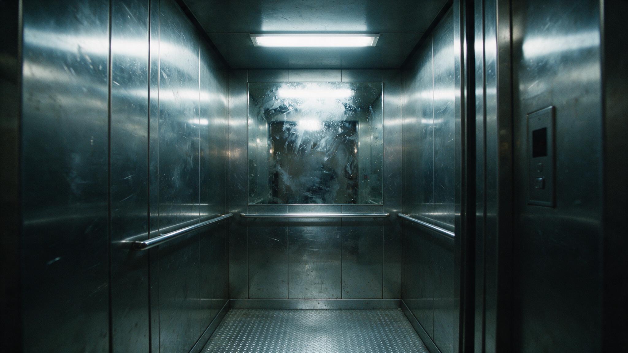 Interior of a hotel elevator at night, empty, cold fluorescent light reflecting on metal walls, no people, photorealistic