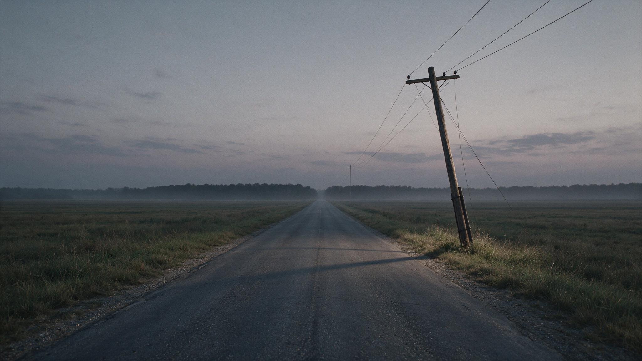 A lonely two-lane road at dusk in flat countryside, no cars, no people, distant tree line, photorealistic