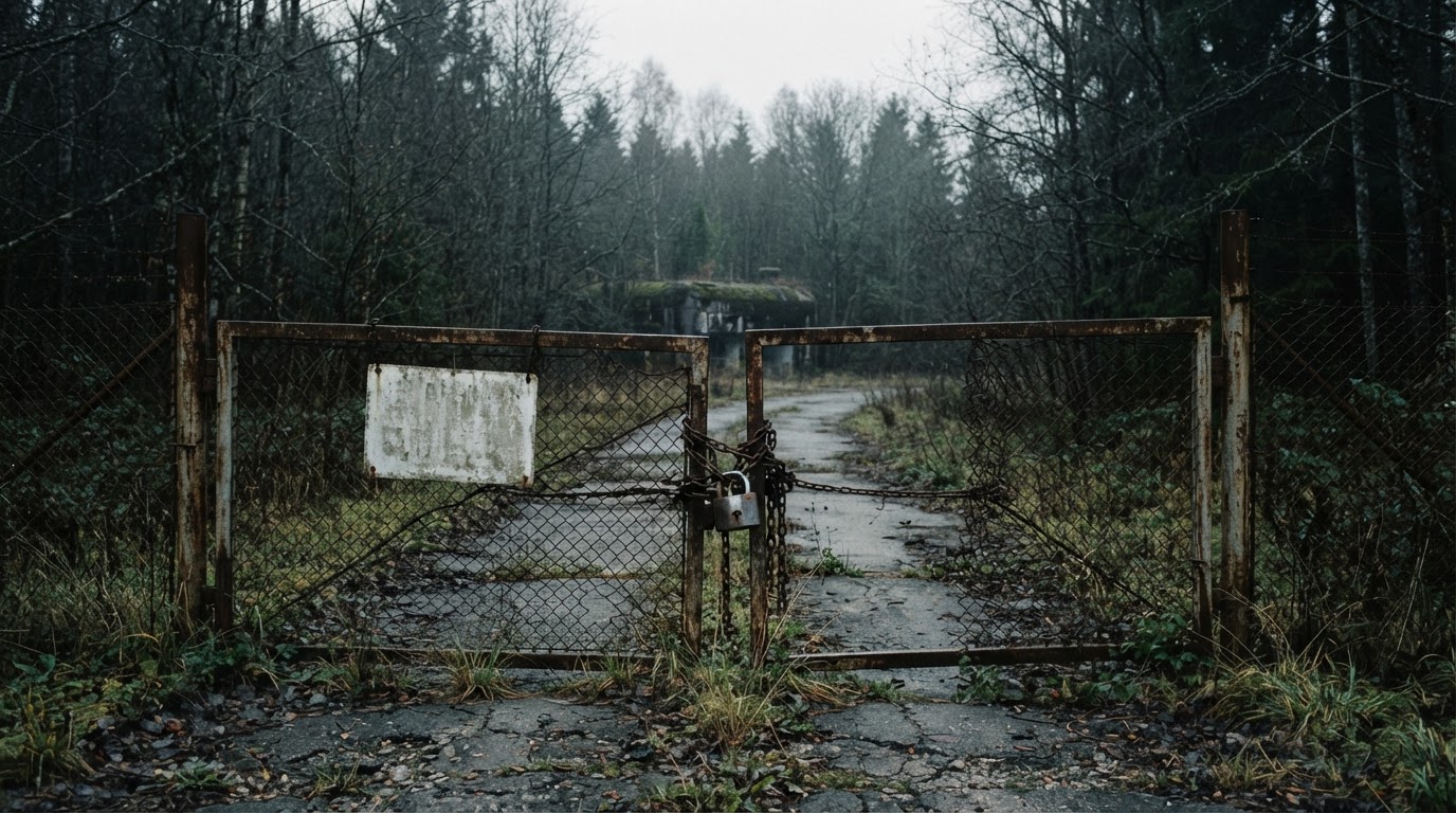A chained and padlocked rusted gate blocking a cracked road into an overgrown military base, warning-sign shapes weathered blank, grey light