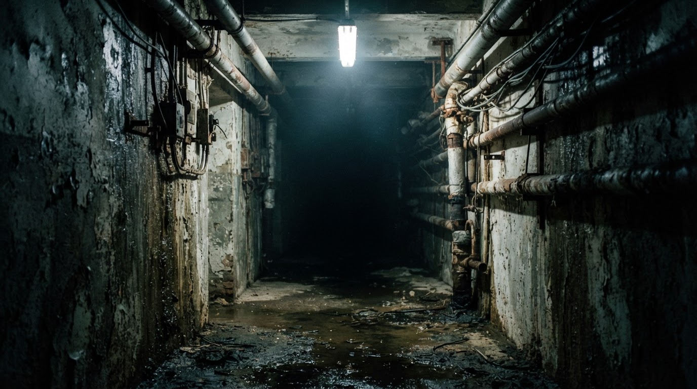 An empty underground concrete corridor lit by a single cold light receding into blackness, bare pipes and cabling along the wall, no people