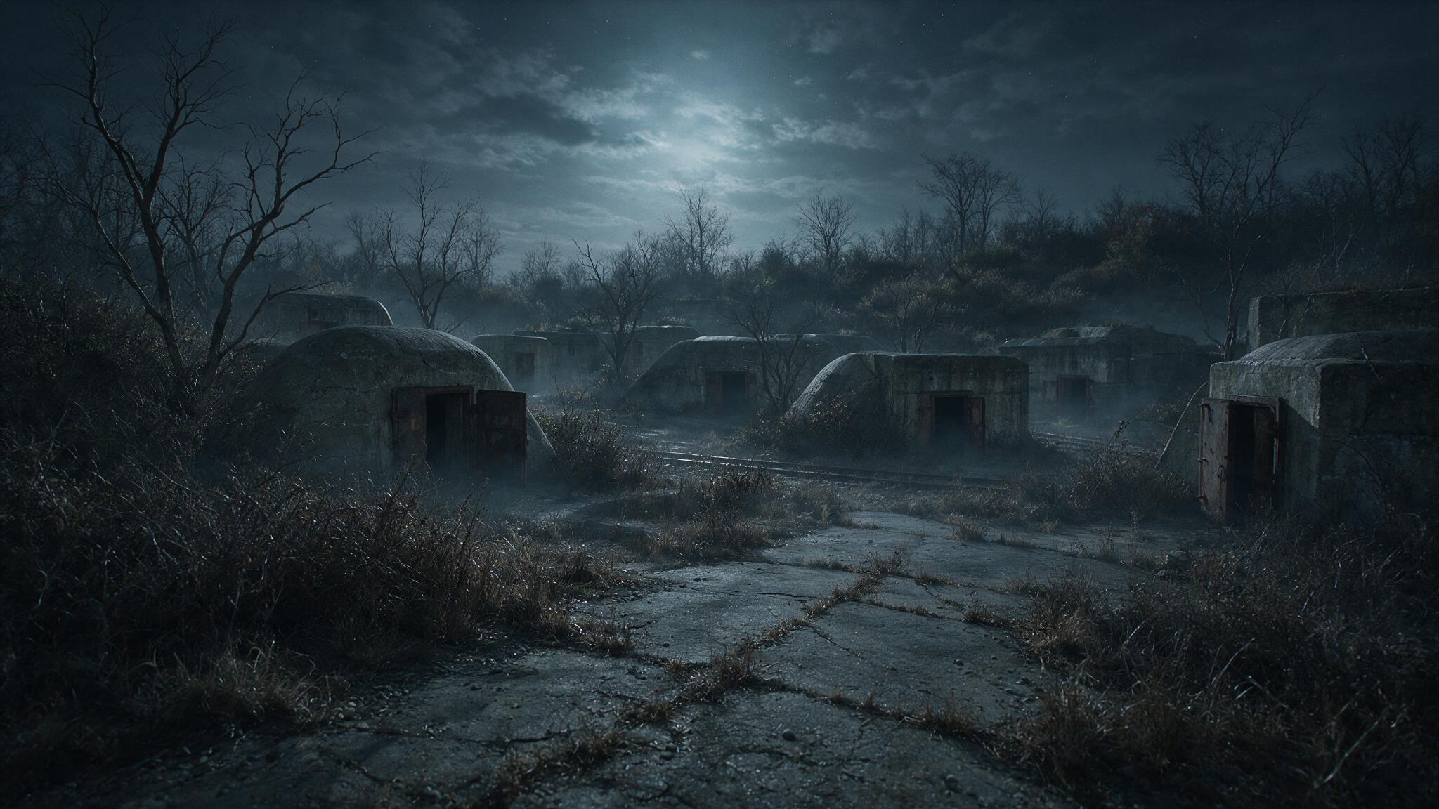 The site of an abandoned World War II munitions plant, old concrete structures and overgrown brush half-drowned in night fog, broken windows and a rusted iron door, a bleak deserted ruin (mood recreation, not real footage)