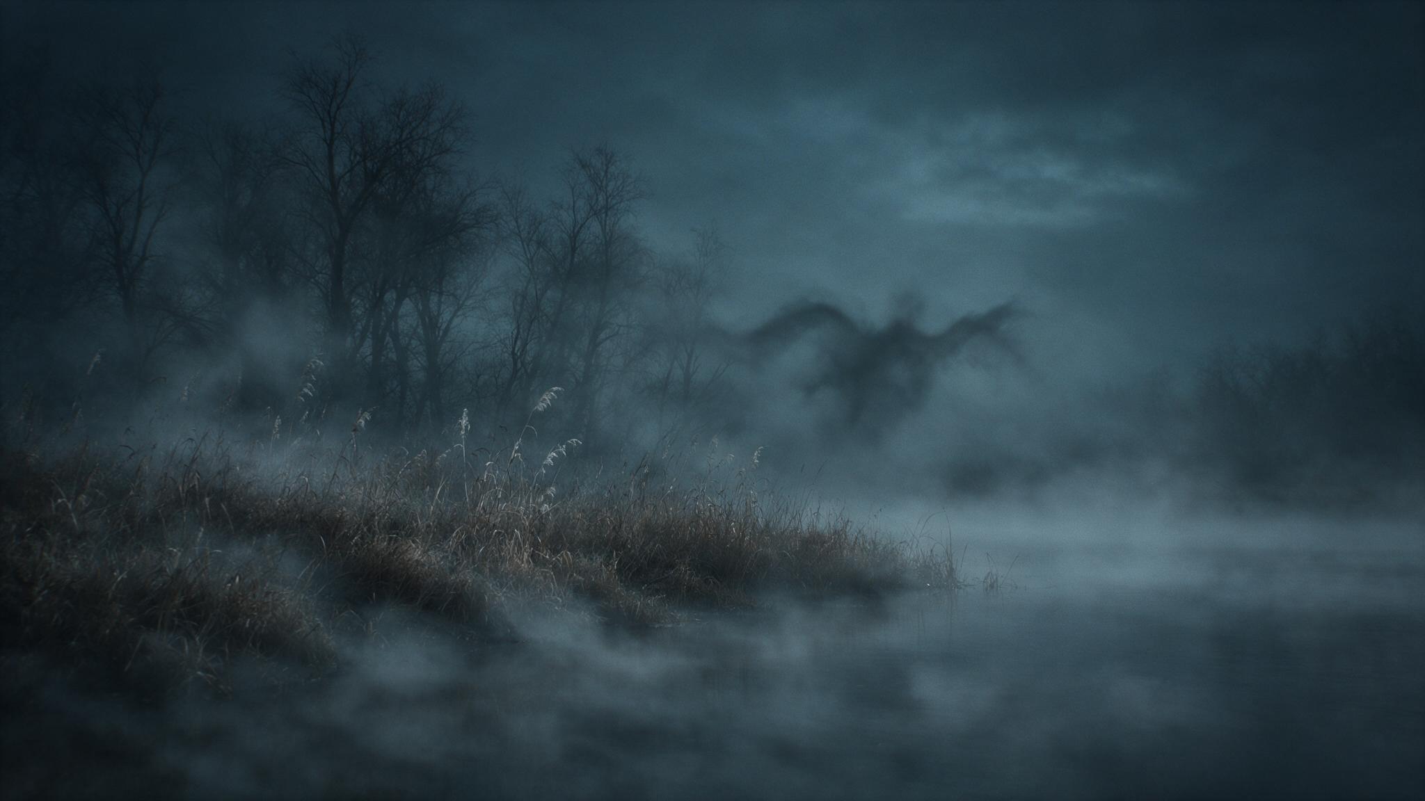 A country riverbank in night fog, mist and reeds lying low over the water, the blurred shadow of a large bird flickering in the distance, its shape indistinct and dissolving into the fog, a bleak scene (mood recreation, not real footage)