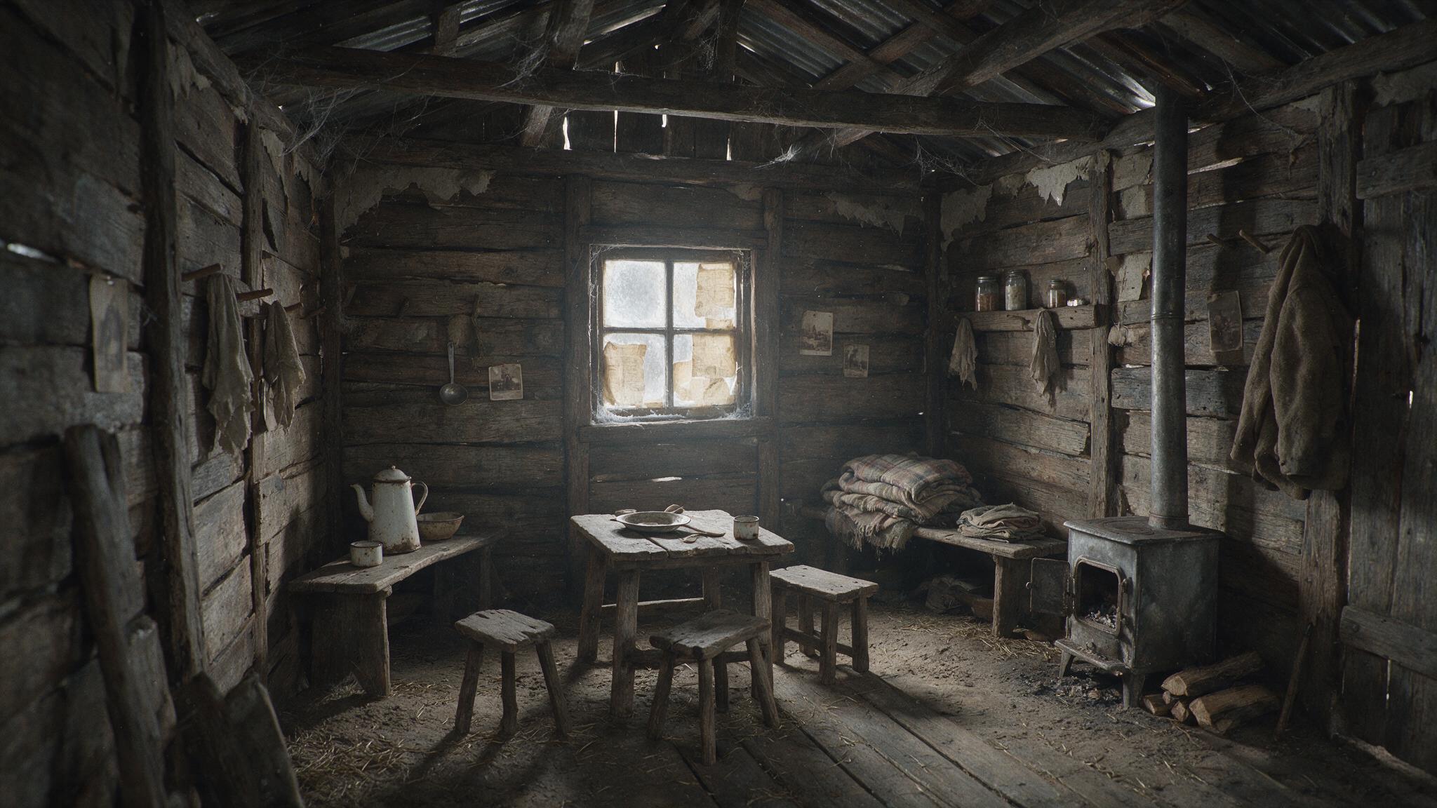 Interior of an old shanty, light seeping through a clouded window over humble belongings, no people, photorealistic
