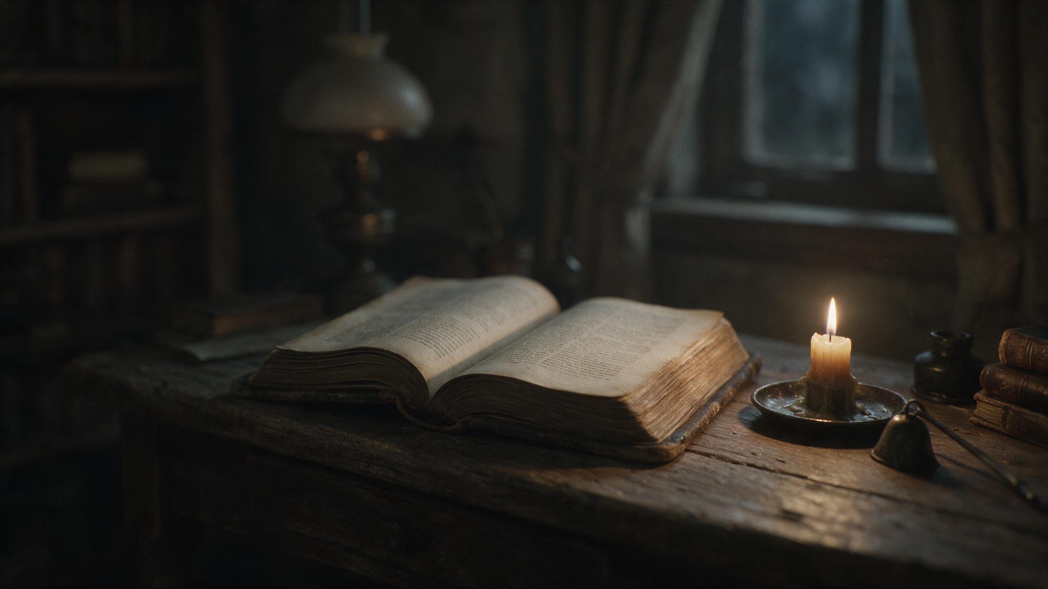 An old book lying open on a worn desk under dim light, no people, 1970s atmosphere, photorealistic