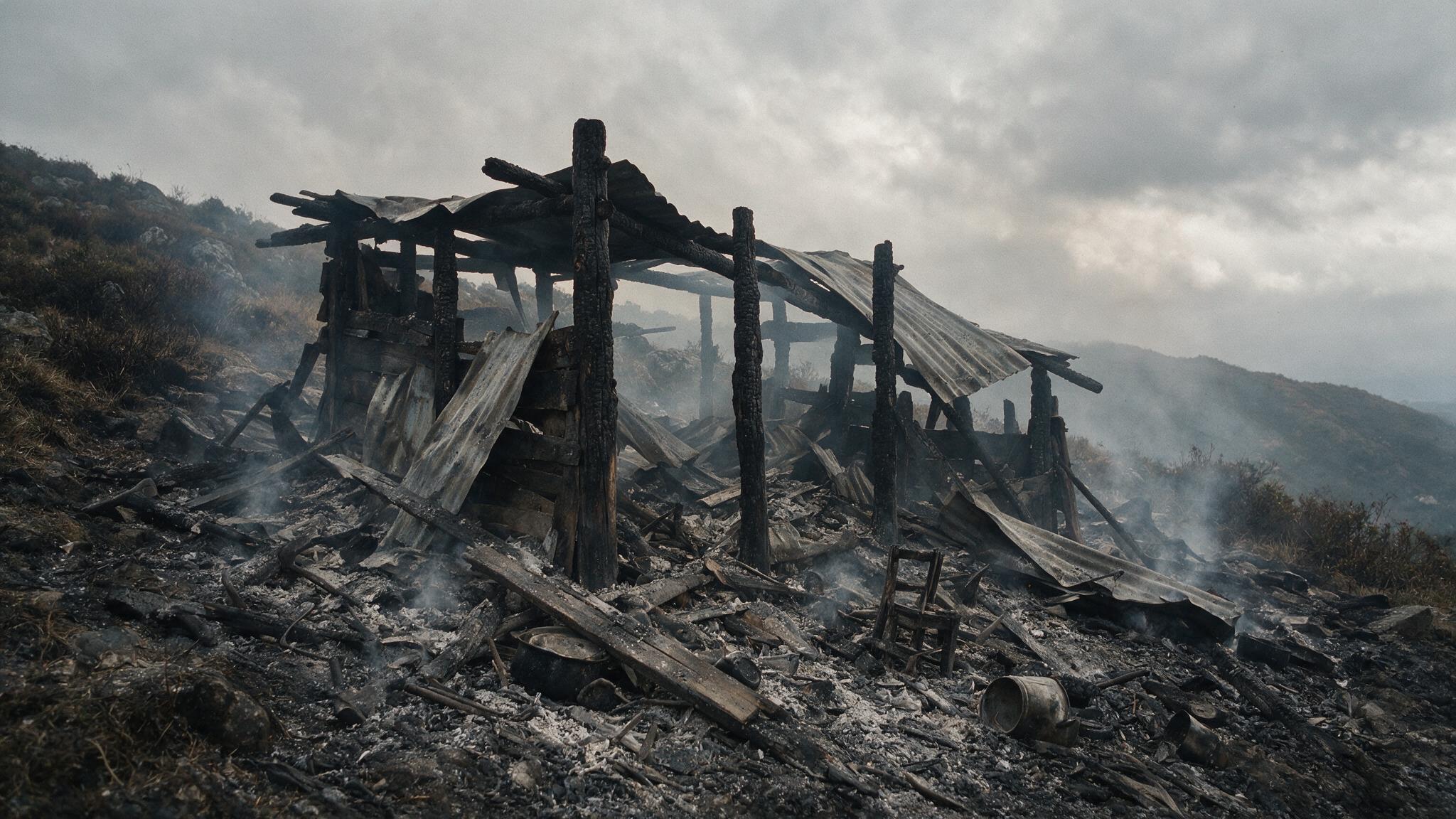 Charred remains of a burned shanty and scorched wooden posts, ash and smoke, no people, no bodies, photorealistic