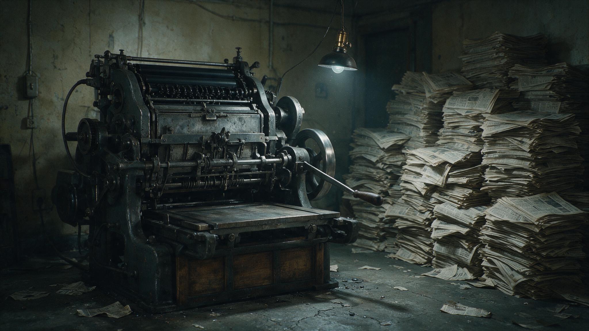 An old printing press and blurred stacks of aged newspapers, no legible text, 1970s atmosphere, photorealistic