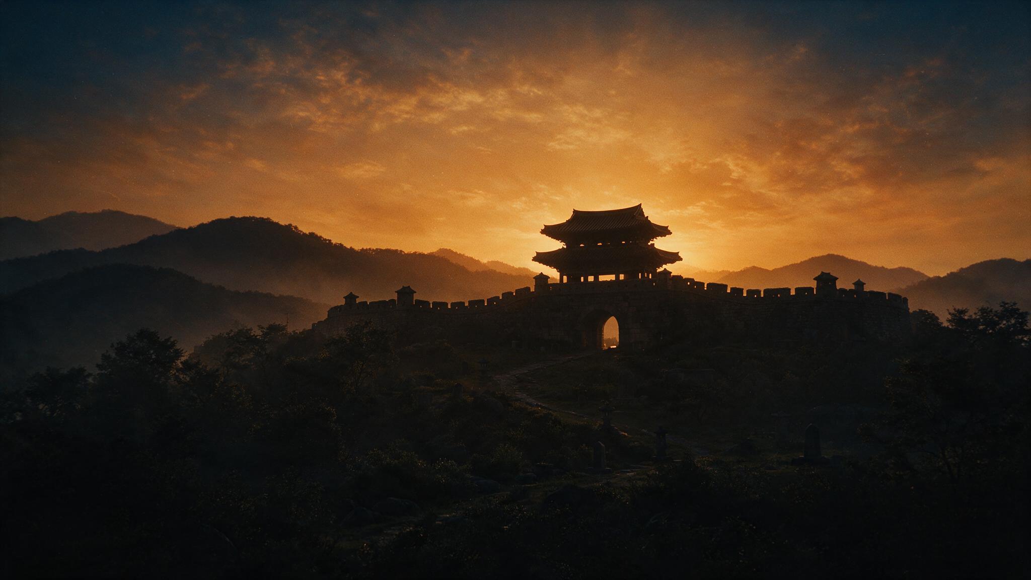 The silhouette of an ancient Silla royal fortress and walls, a sky at sunset, a grand and majestic mood, no human faces