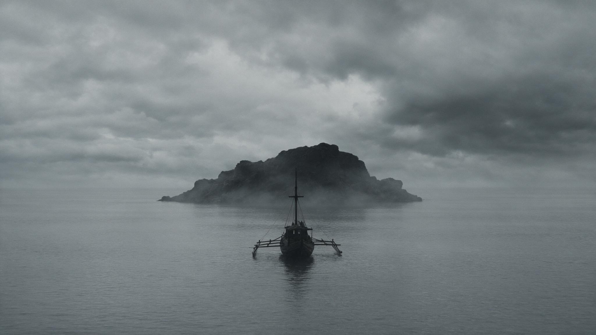 The silhouette of an old wooden boat approaching the rocky islet under an overcast sky, a grey sea, a desolate mood, no visible faces