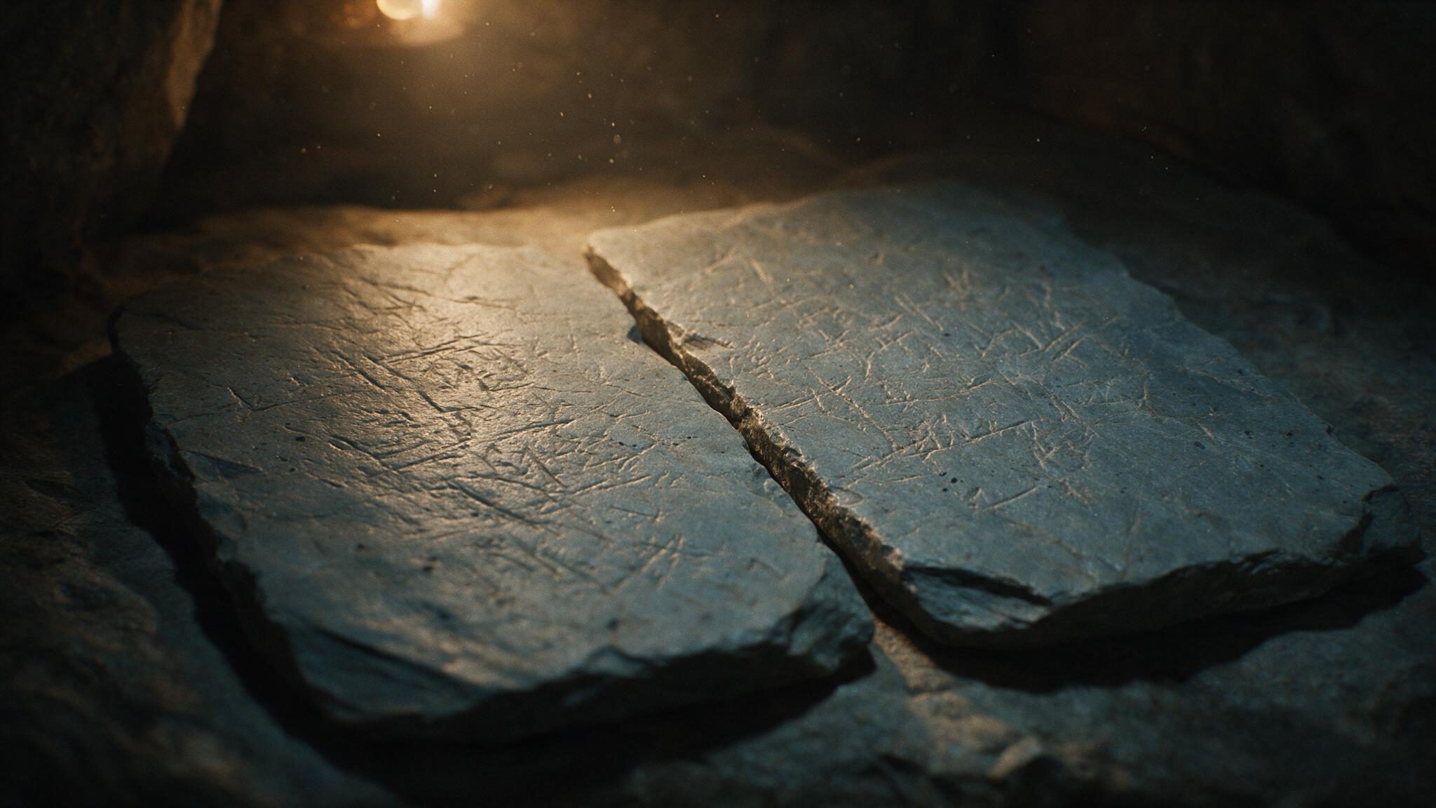 A close-up of the faint traces of old characters carved into two thin stone slabs, lit at a low angle in dim light, no legible text, photorealistic