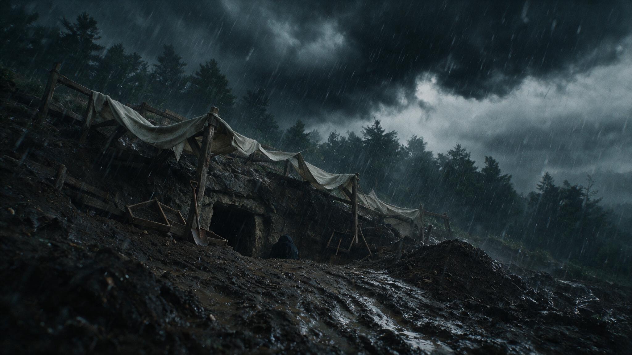 A hillside excavation site where a clear sky is swiftly swallowed by black storm clouds and rain pours down, dark silhouettes in the downpour, photorealistic