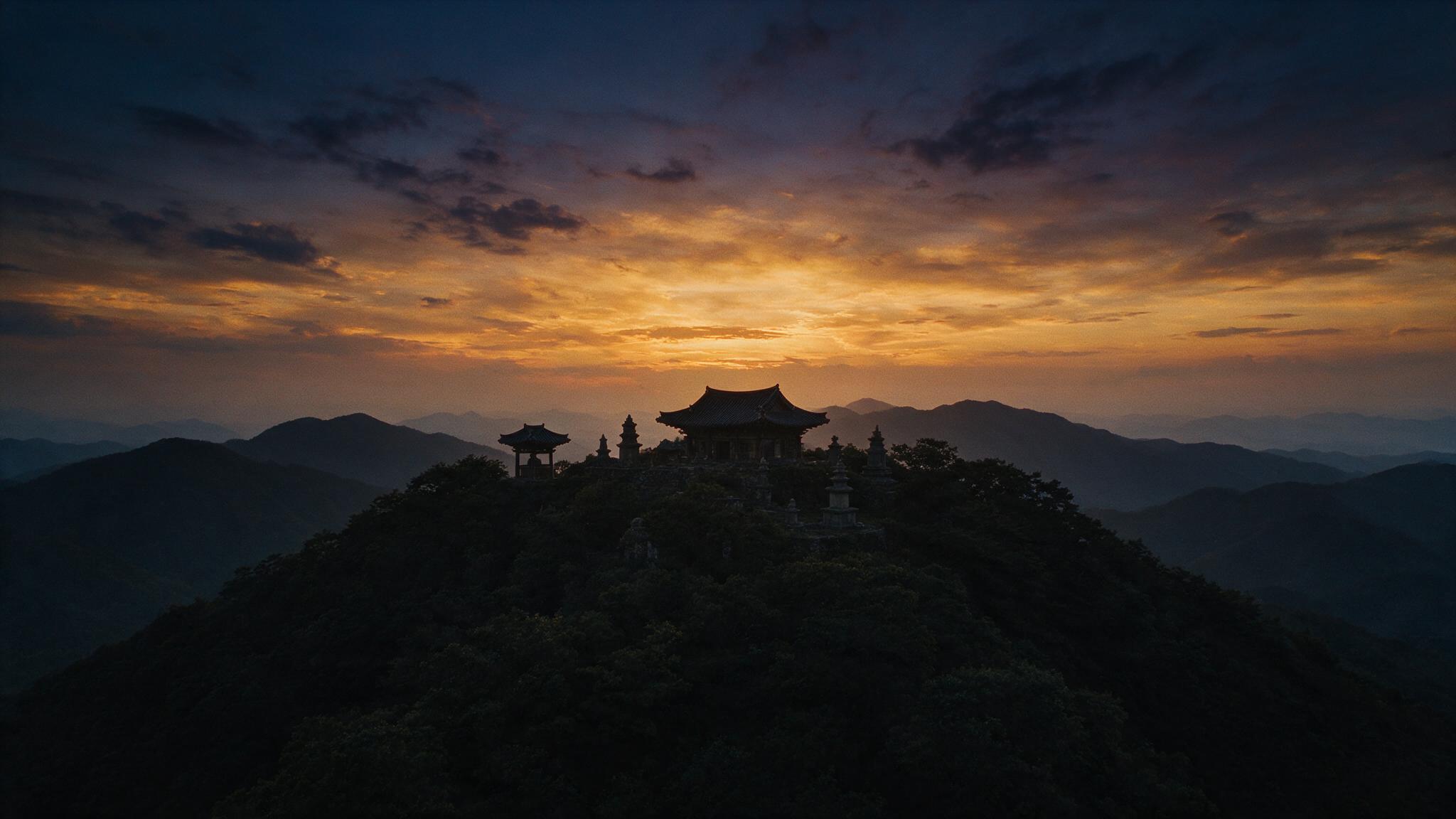 The silhouette of the ridgeline of Gayasan under a sunset sky, an old temple site nestled on the mountainside, a grand and desolate mood, no human faces