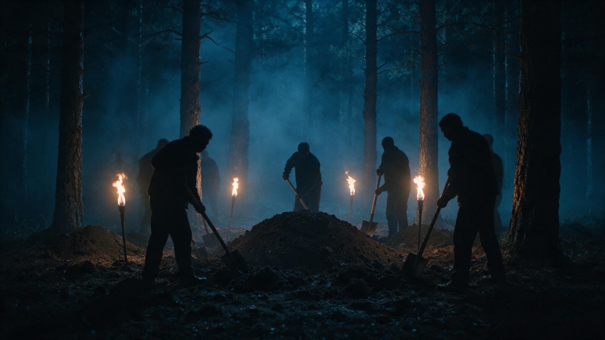 People holding shovels as black silhouettes at the edge of a grave on a misty night, the wavering glow of torches, no faces visible, an eerie and tense atmosphere