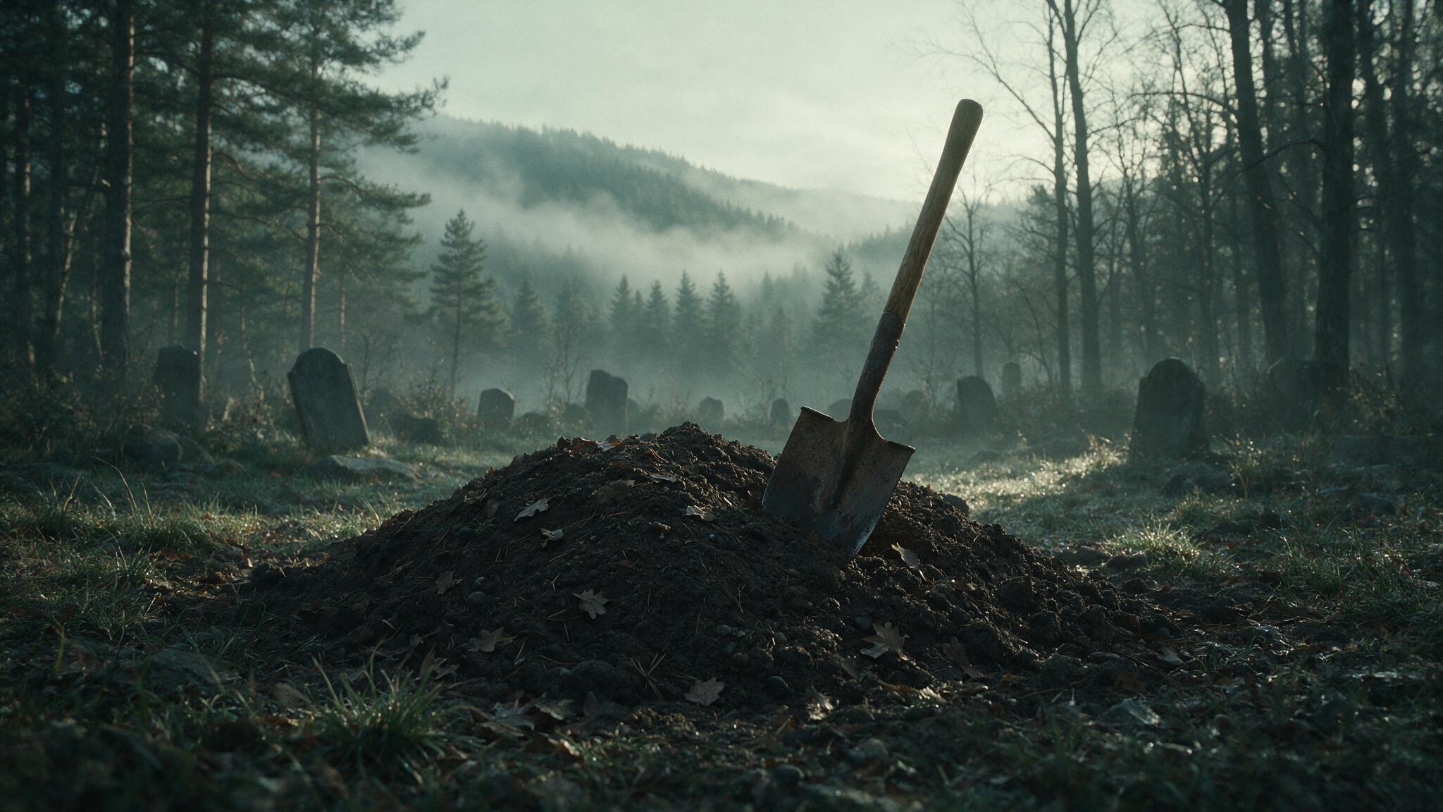 At the break of dawn, the edge of a grave left with mounds of turned earth, mist lifting off the mountainside, a single abandoned shovel, a desolate and chilling mood, no people